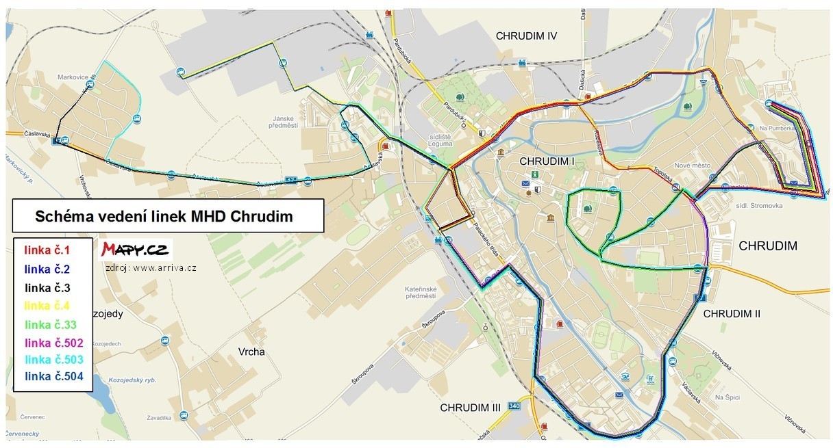 mapa MHD Chrudim v roce 2023